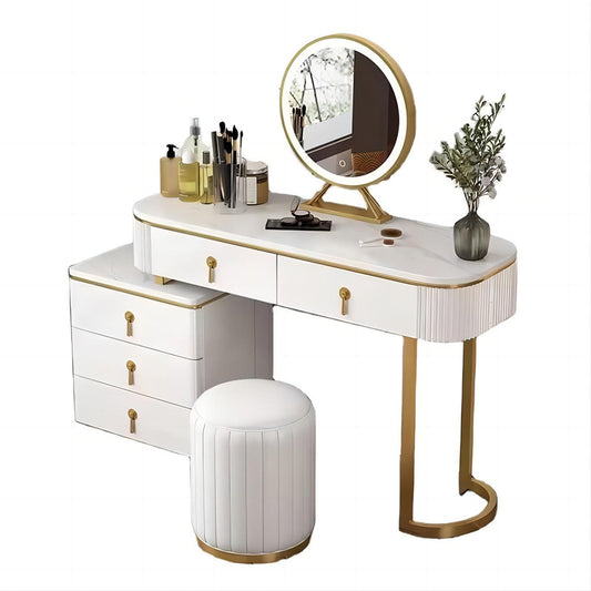 Wooden White Modern Makeup Dressing Table Set with Led Mirror and Drawers for Bedroom