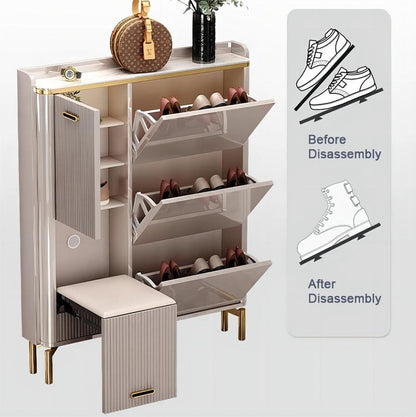 Thin Custom Tipping Bucket Shoes Rack Cabinet Storage MDF with Stool Wooden Modern Furniture for Entryways